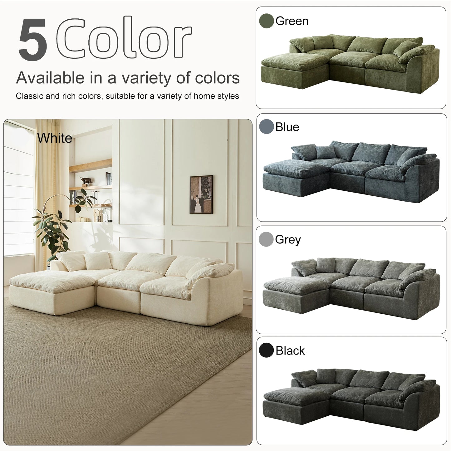 Yeflixvrau Modern Cloud L Shaped 3 Seater Chenille Sofa With Ottoman