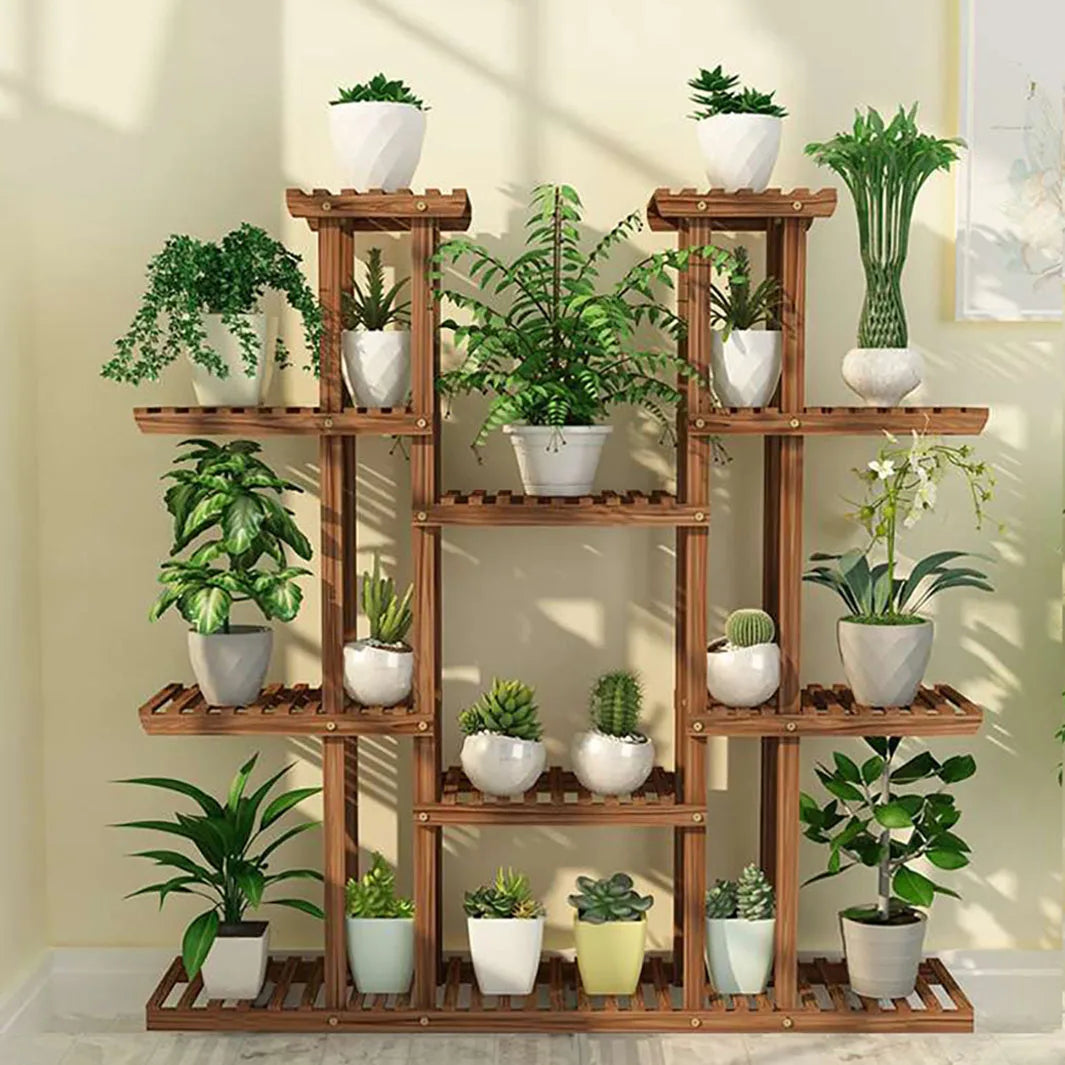 11 Tier Wood Plant Stand Carbonized Pot Display Shelf Garden Office Decor