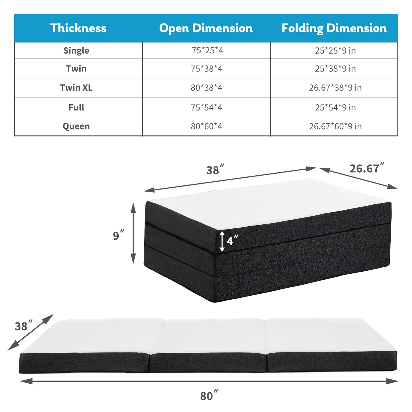 JHK Tri-Fold Memory Foam Travel Mattress With Collapsible Washable Cover