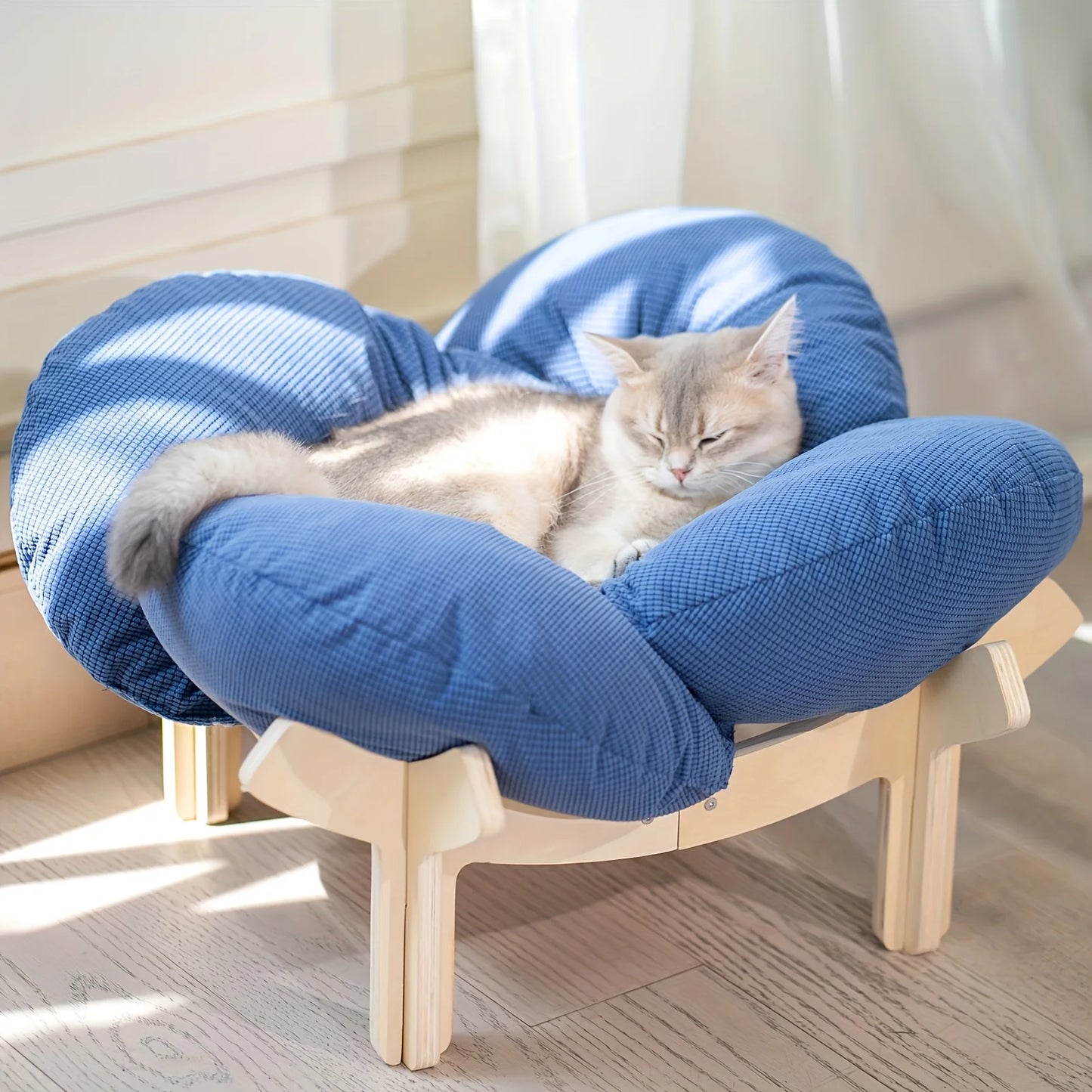 Raised Wooden Cat Bed With Soft Cushion For Indoor Lounging