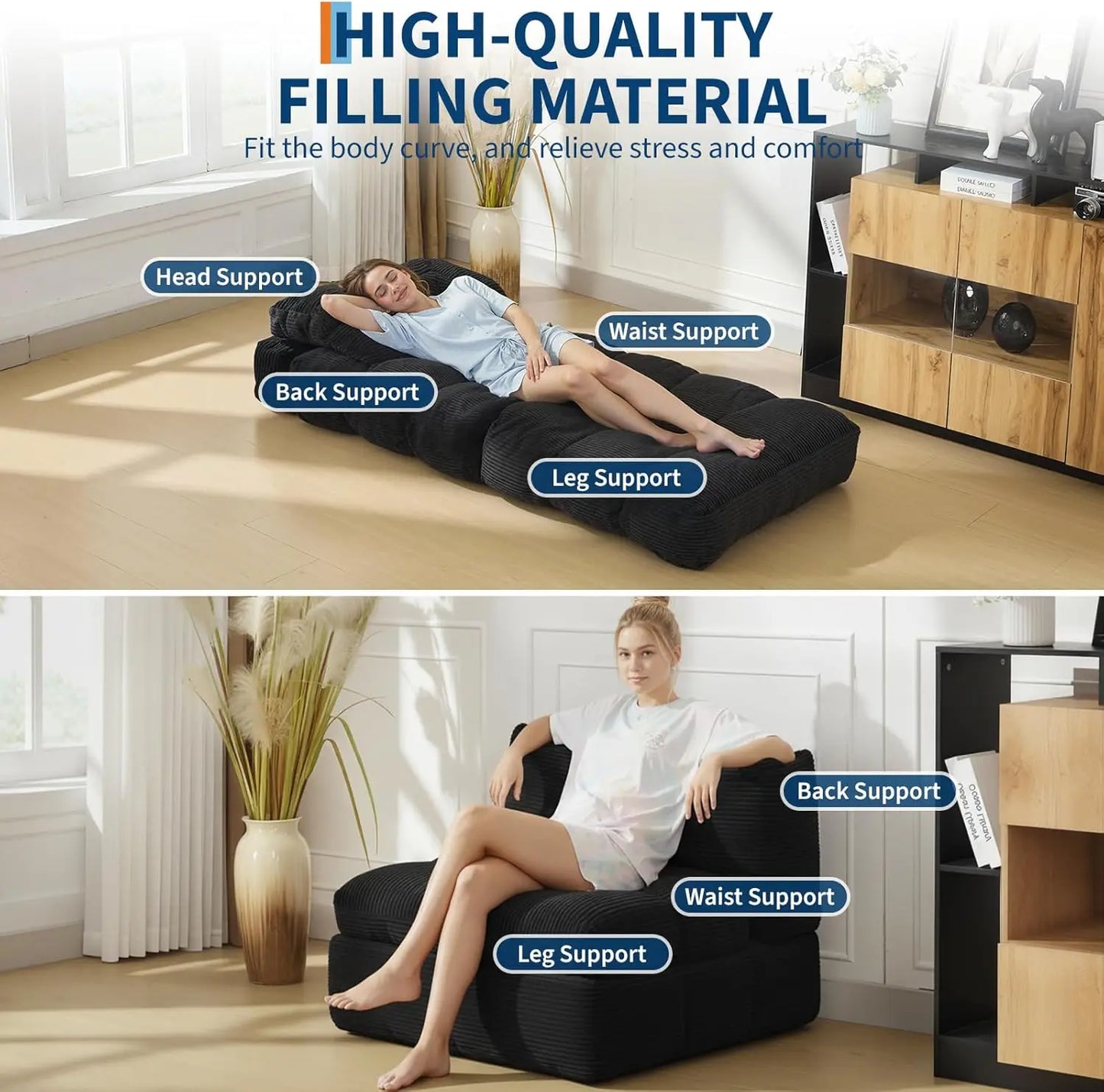 HiMISS 3In1 Folding Sofa Bed With Back Support Pillow