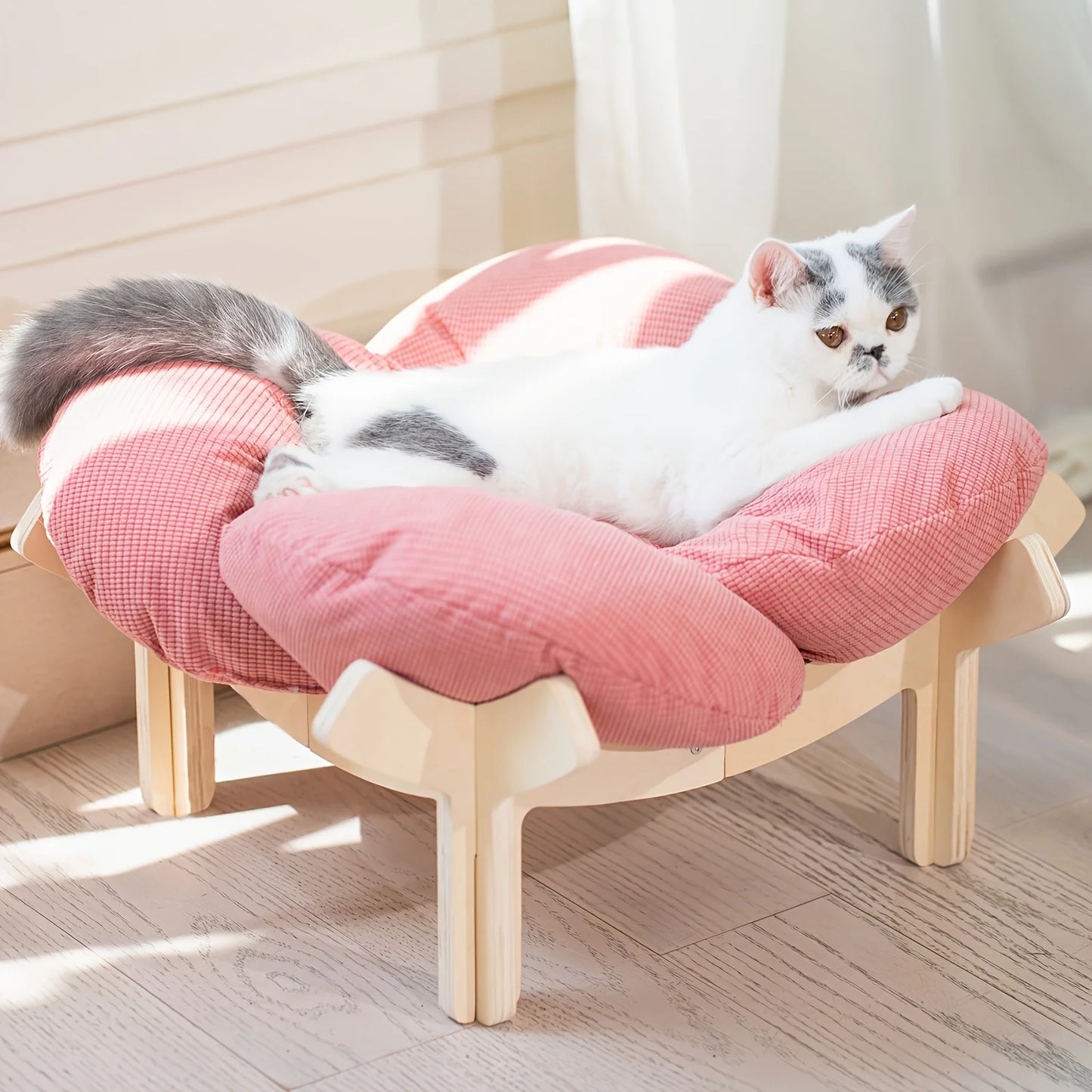 Raised Wooden Cat Bed With Soft Cushion For Indoor Lounging