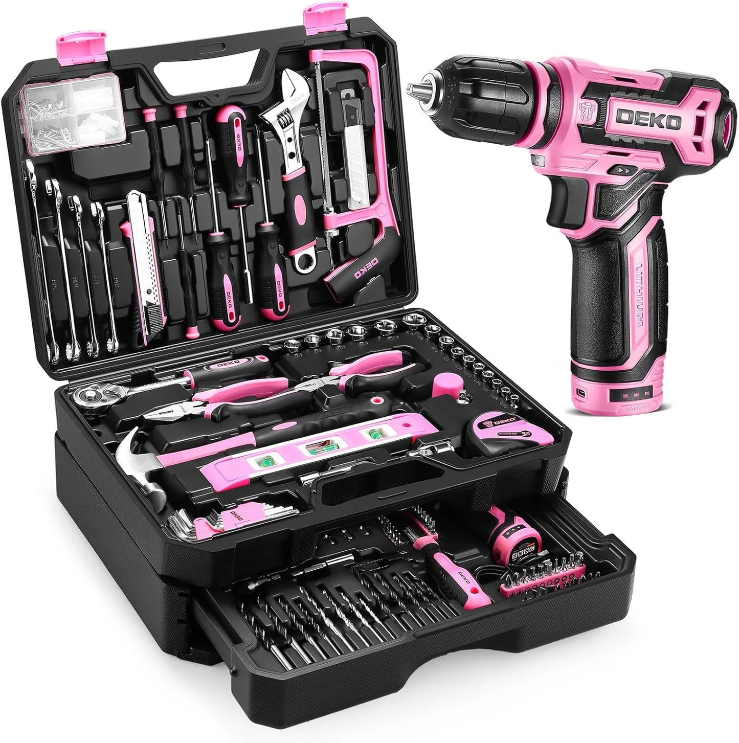 DEKO 12V Cordless Drill and Home Mechanic Toolbox Set with Organizer