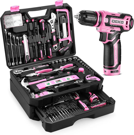 DEKO 12V Cordless Drill and Home Mechanic Toolbox Set with Organizer