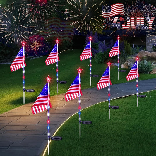 YIMIA USA Flag LED Solar Lights 8 Pack Garden Path