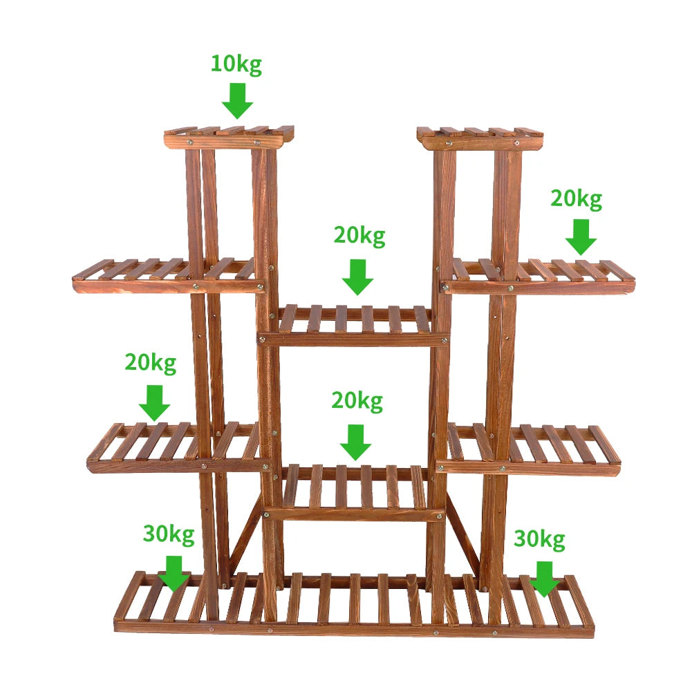 11 Tier Wood Plant Stand Carbonized Pot Display Shelf Garden Office Decor