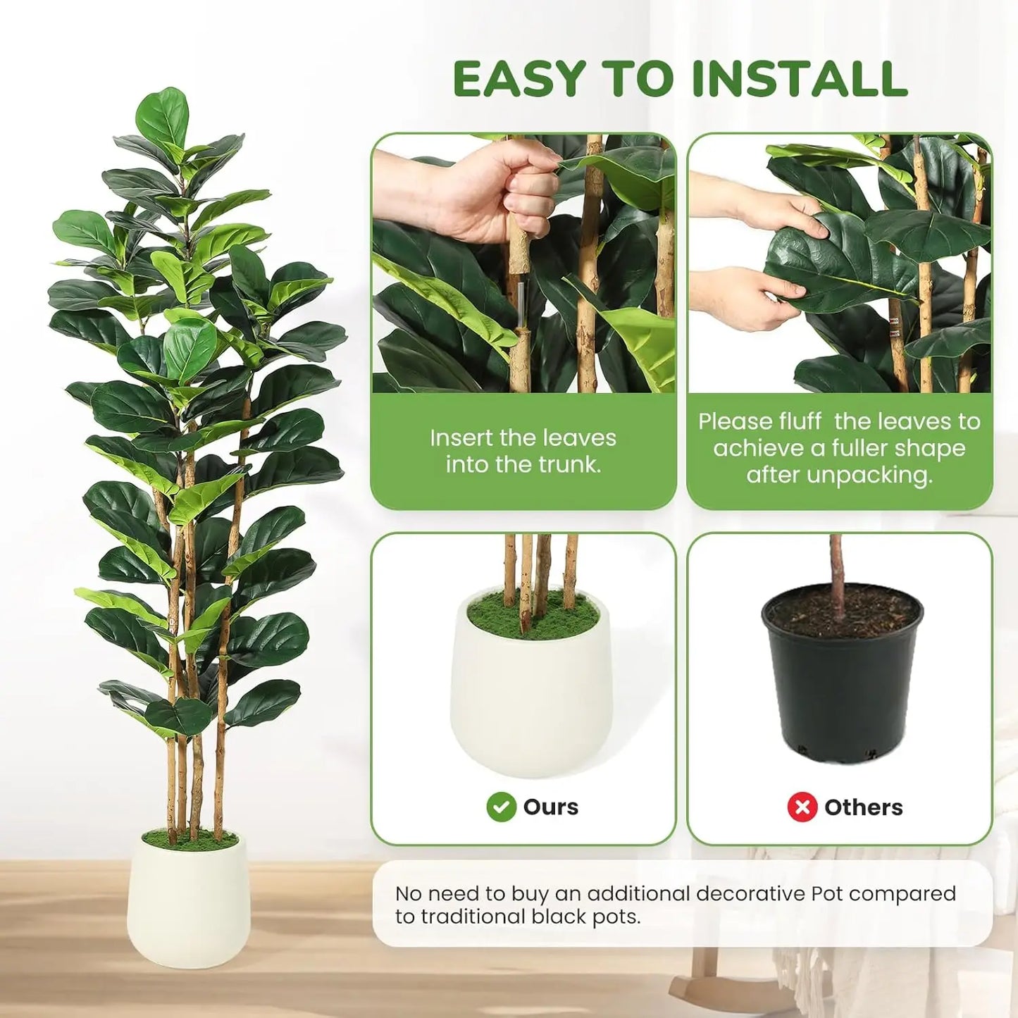 HiMISCN Artificial Fiddle Leaf Fig Tree With Pot Indoor Decor