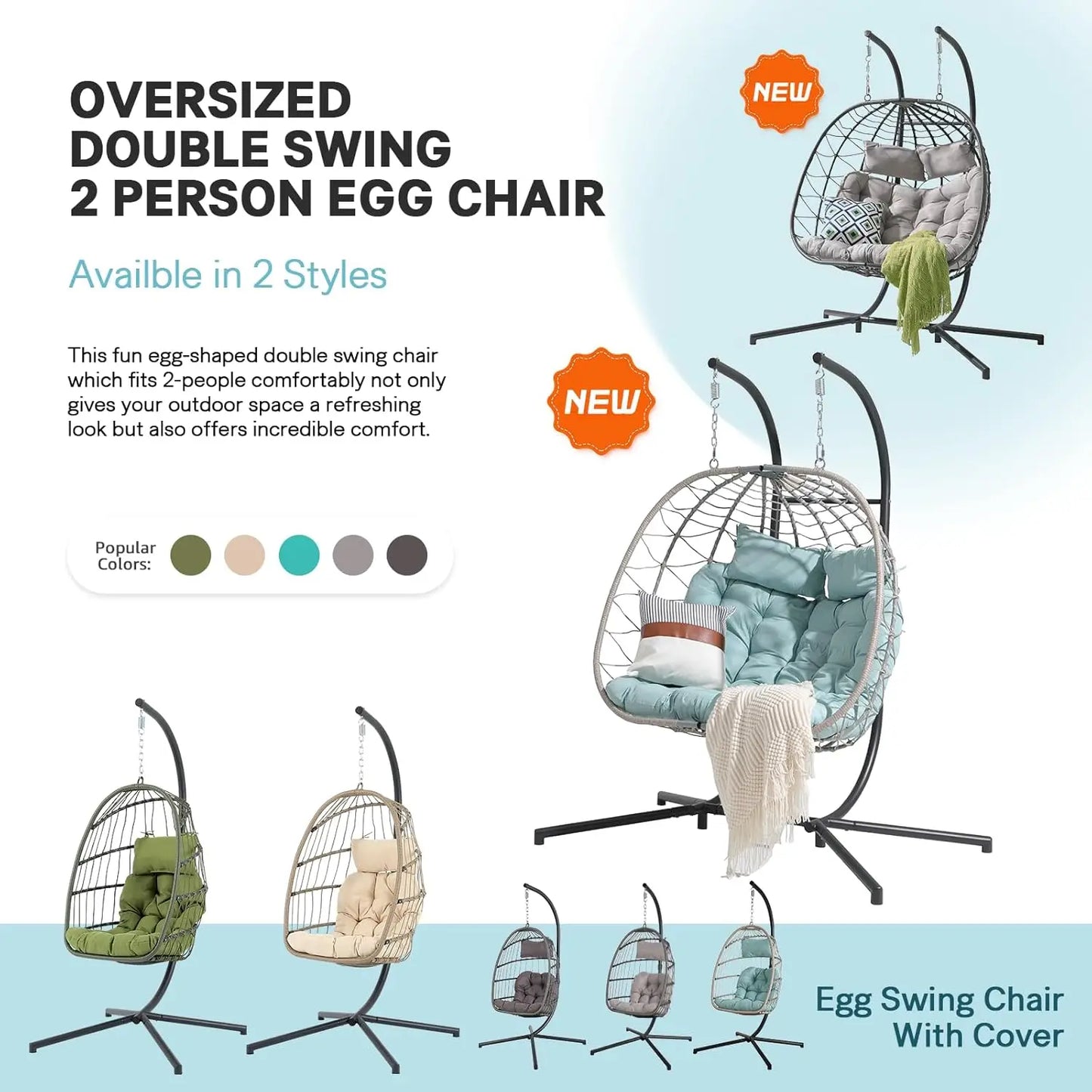 HUANZHUANG Double Wicker Rattan Egg Swing Chair With Stand Cushion