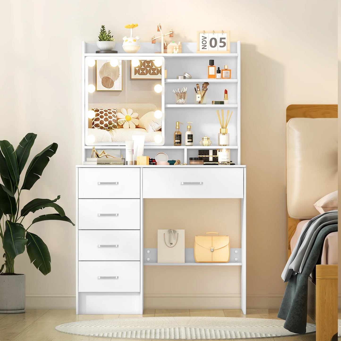 Teousev White Vanity Desk With LED Mirror And 5 Drawers