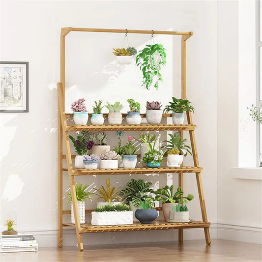Folding Bamboo Plant Stand 3 Tier Indoor Outdoor Pot Shelf