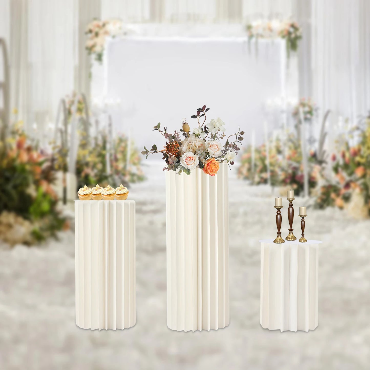 Three Piece Wedding Flower Stand Set Cylinder Foldable Cardboard Centerpieces