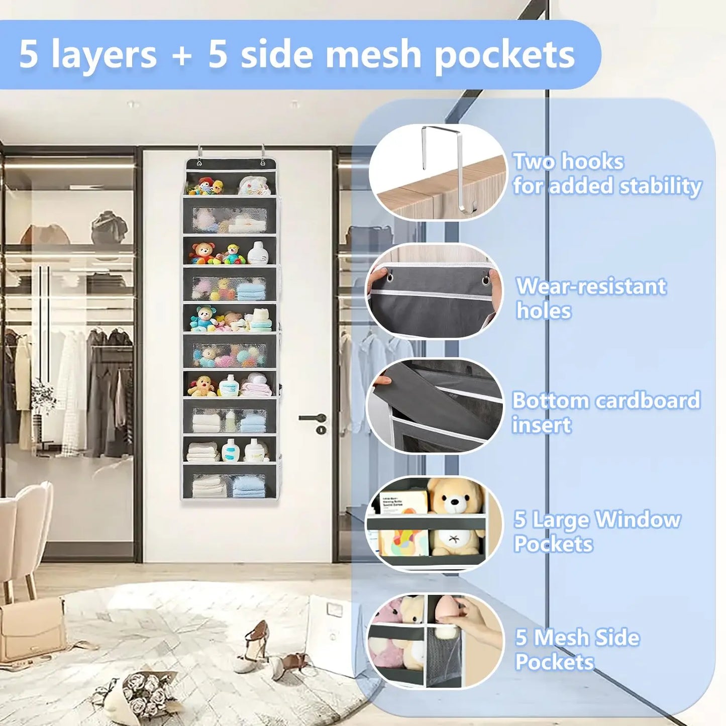 Over Door Organizer 5 Shelf Hanging Storage Anti Tilt 44lb