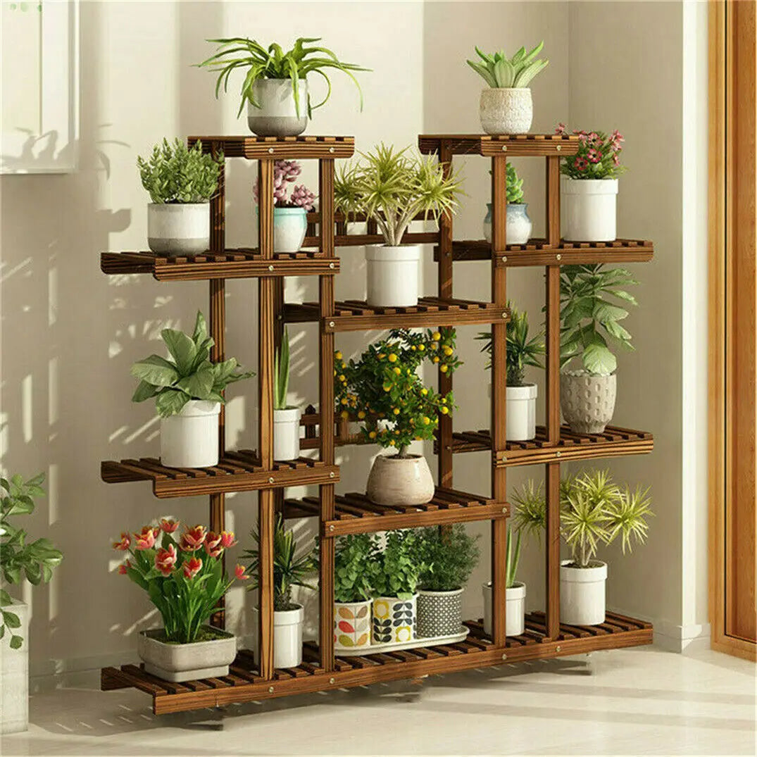 11 Tier Wood Plant Stand Carbonized Pot Display Shelf Garden Office Decor