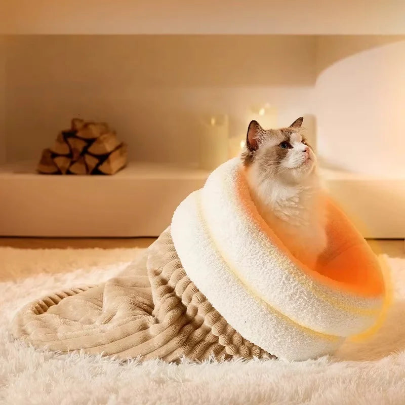 Warming Plush Cat Sleeping Bag Enclosed Snuggle Sack for Winter
