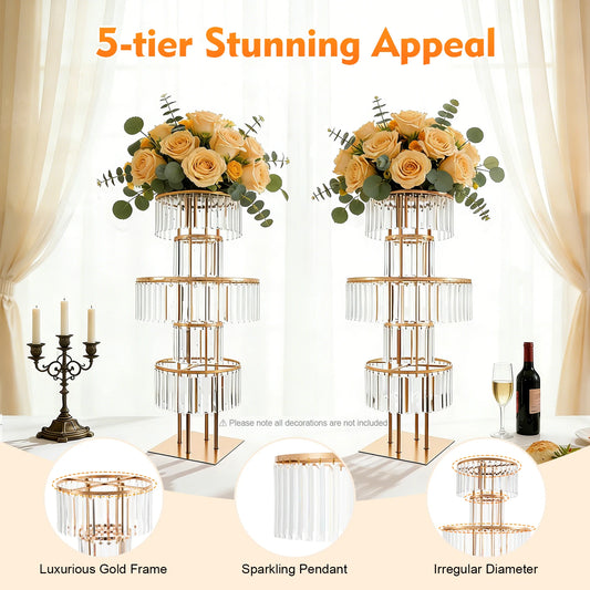 5-Tier Gold Wedding Flower Stand Crystal Style Floor Centerpiece