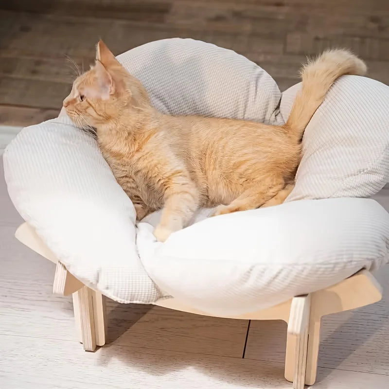 Raised Wooden Cat Bed With Soft Cushion For Indoor Lounging
