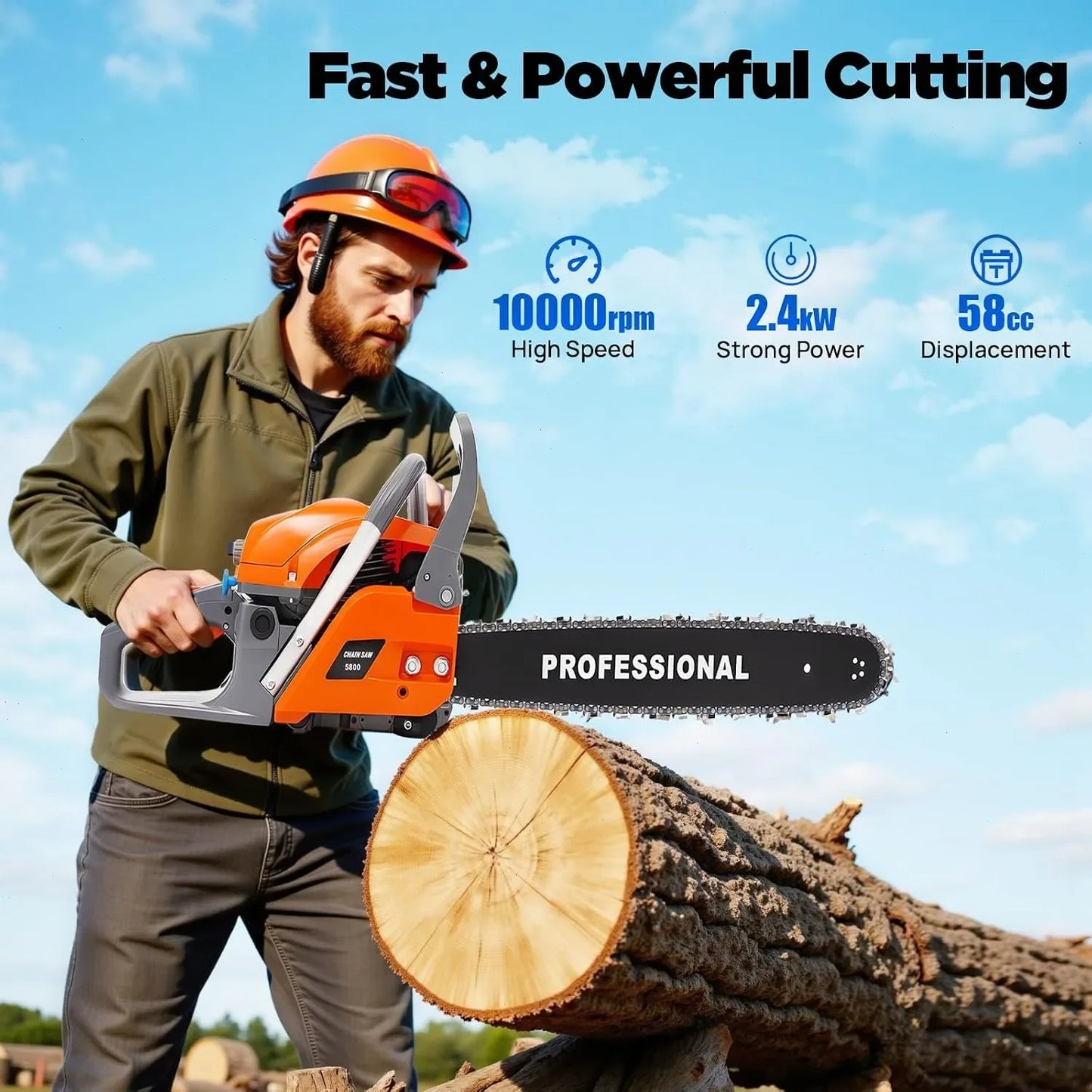 Bymaocar Gas Powered Chainsaw 58cc For Wood Cutting And Gardening