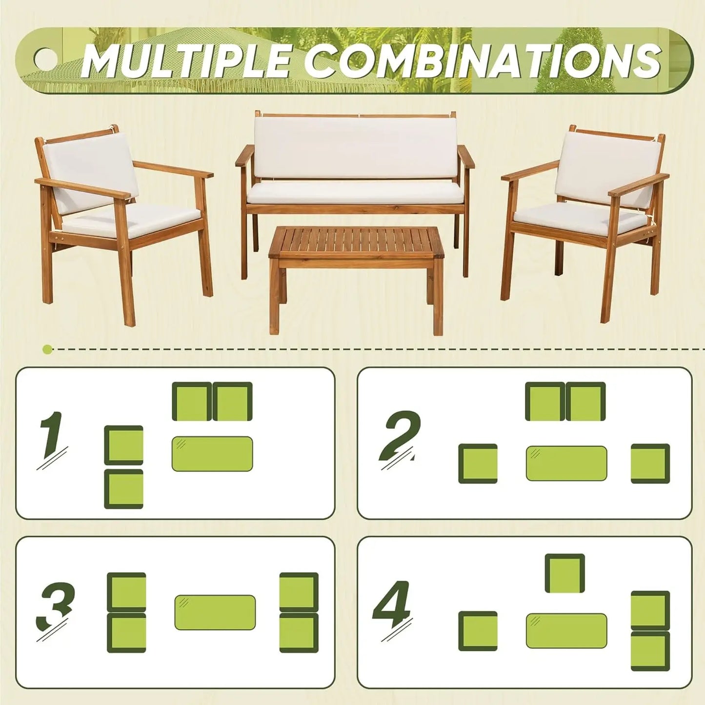 XIAOLANG Acacia Wood 4 Piece Patio Conversation Set With Table