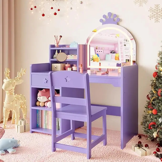 HiMISS Kids Vanity With Lights Princess Makeup Desk And Chair