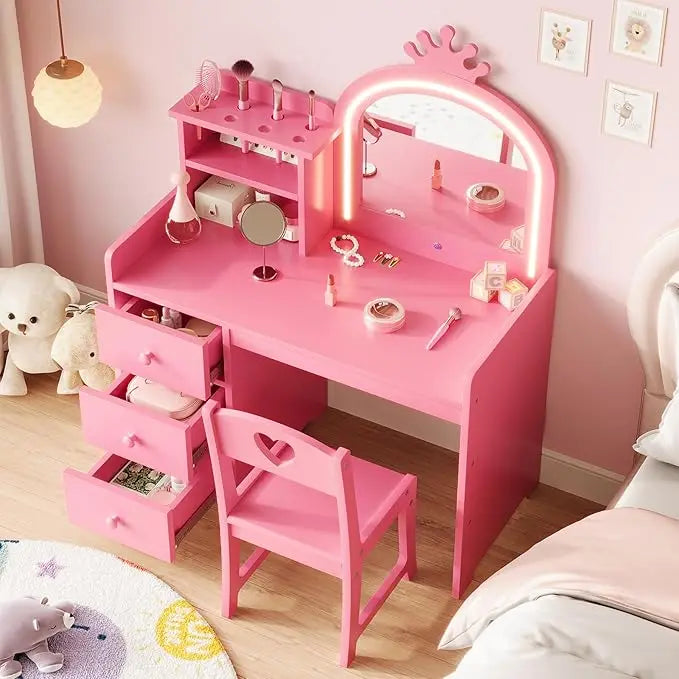 HiMISS Kids Vanity With Lights Princess Makeup Desk And Chair