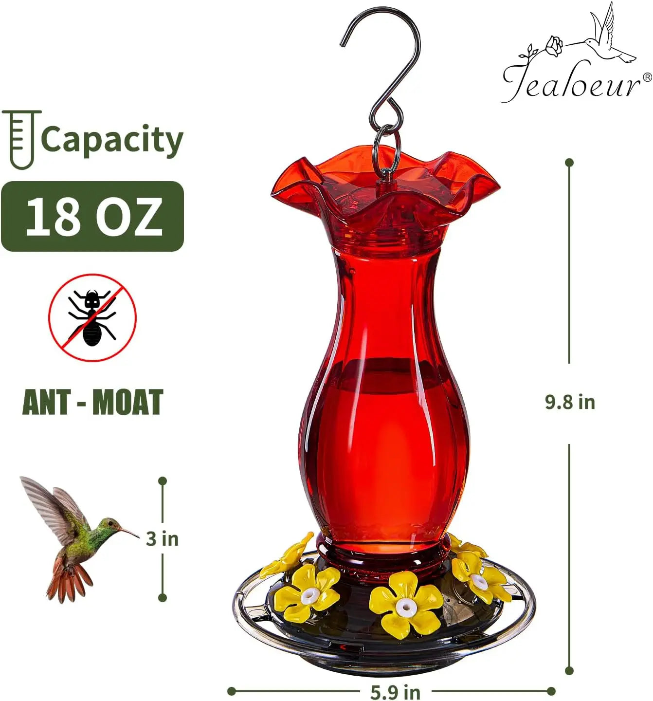 Hummingbird Feeder Hanging With Bee Guard Ports And Ant Moat