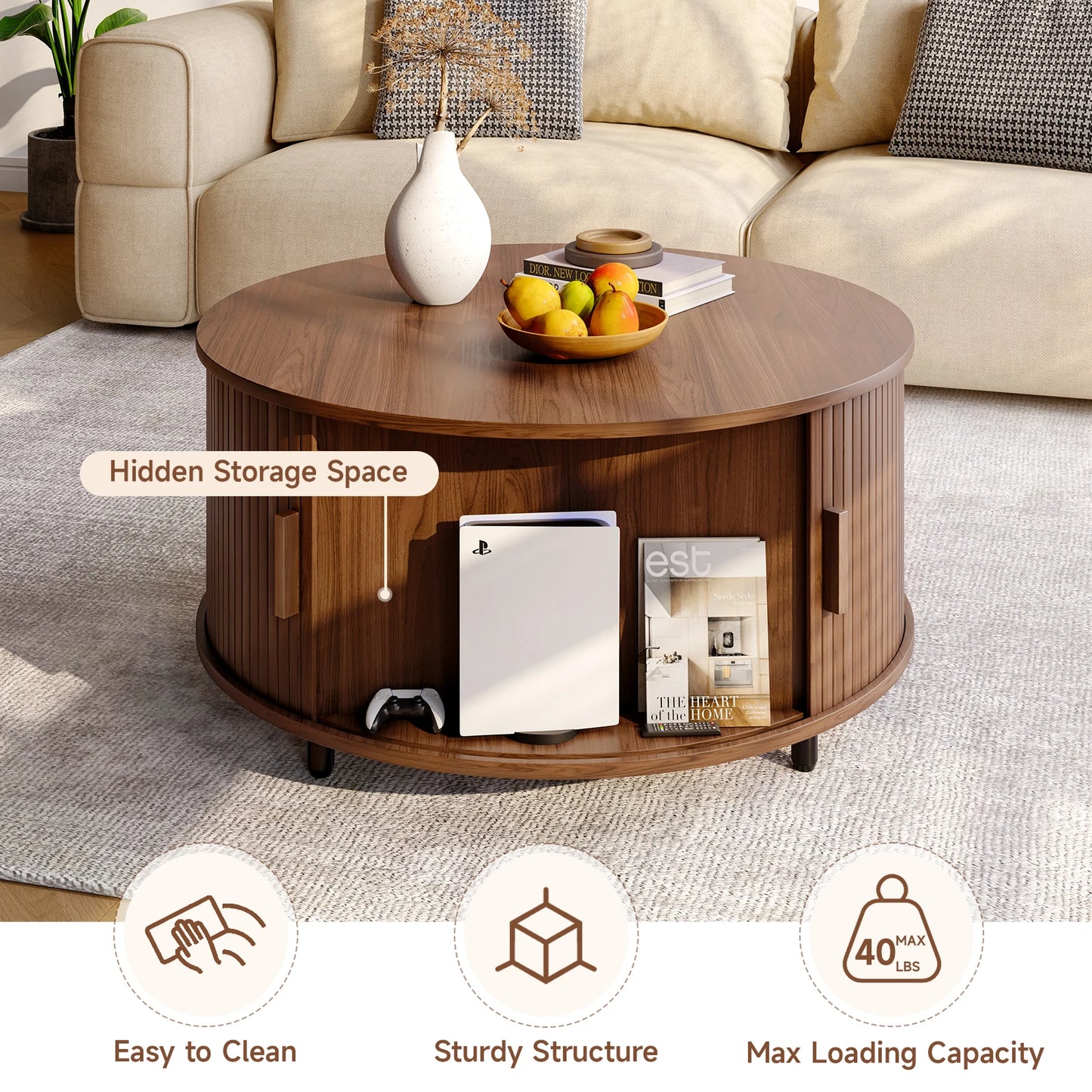 ONBRILL Round Coffee Table With Storage And 360 Degree Sliding Door