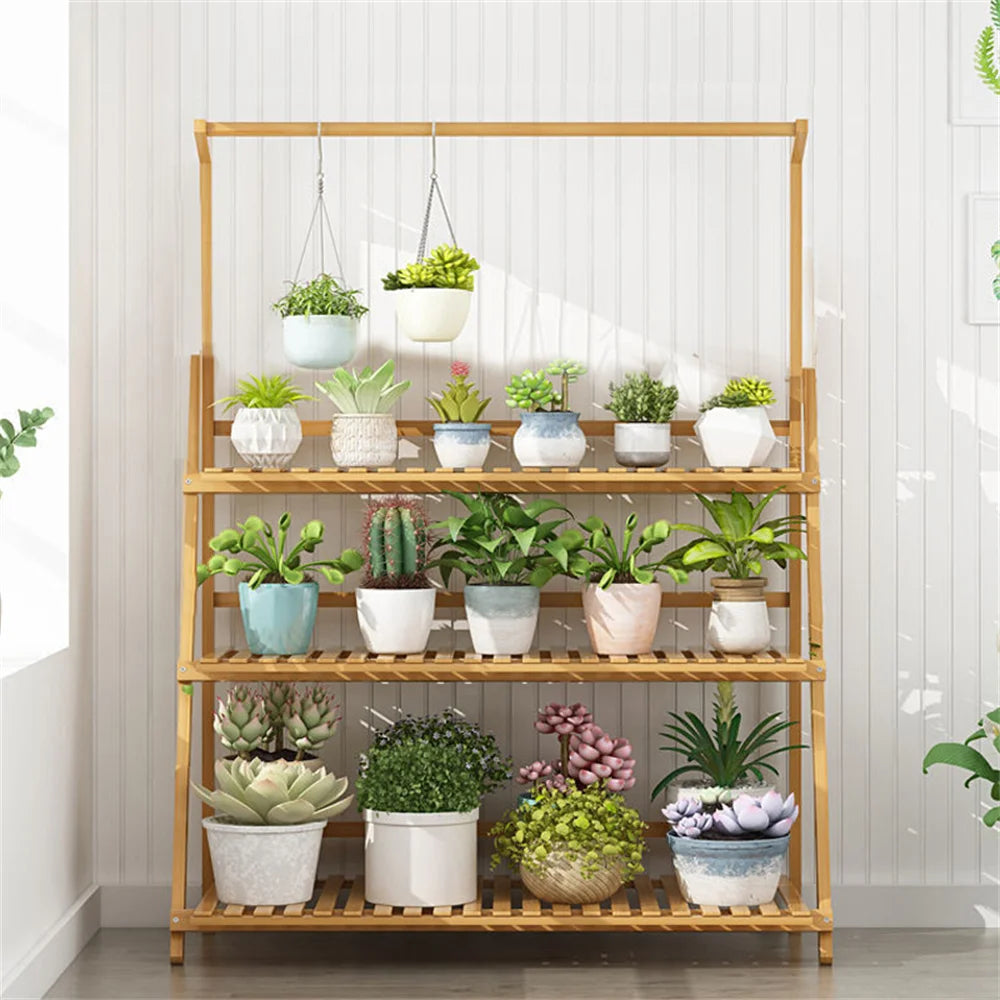 Folding Bamboo Plant Stand 3 Tier Indoor Outdoor Pot Shelf