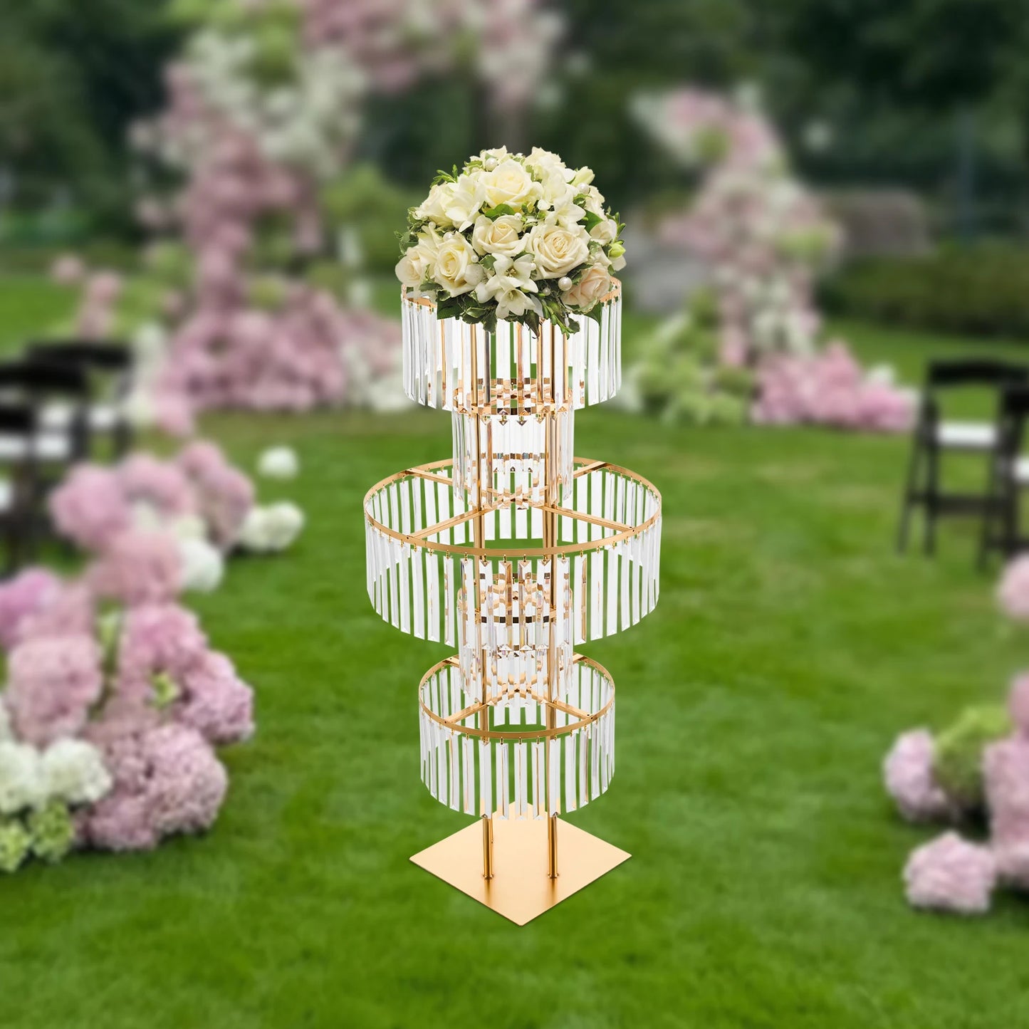 Five Tier Wedding Centerpiece Stand With Hanging Acrylic Vases