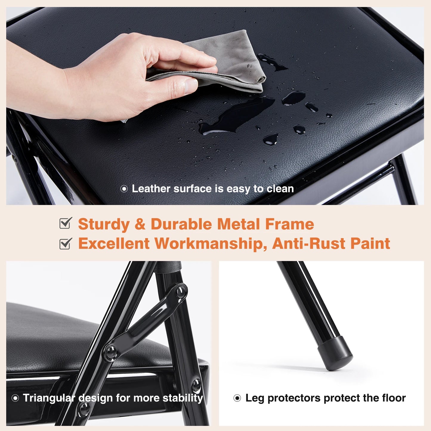 JHK Leather Padded Folding Chairs 4 Pack Sturdy Metal