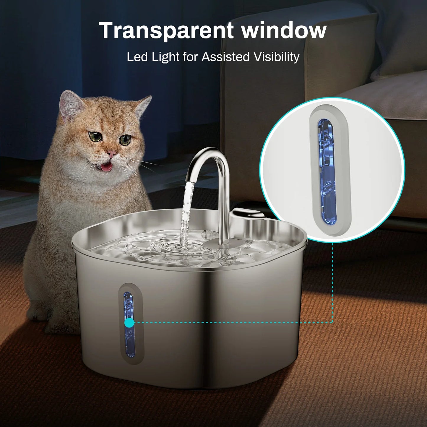 Automatic Stainless Steel Cat Water Fountain With Window
