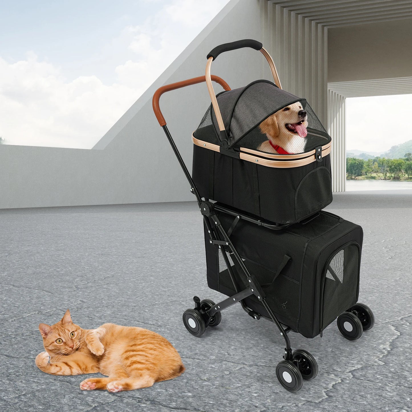 Bymaocar Foldable Pet Stroller for Small and Medium Dogs Two Tier Load 35kg