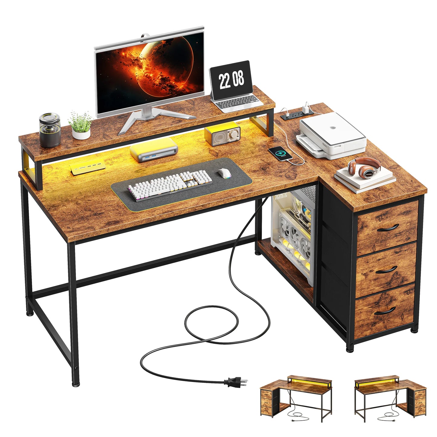EnHomee L Shaped Gaming Desk With Monitor Stand 3 Drawers And Power Outlet