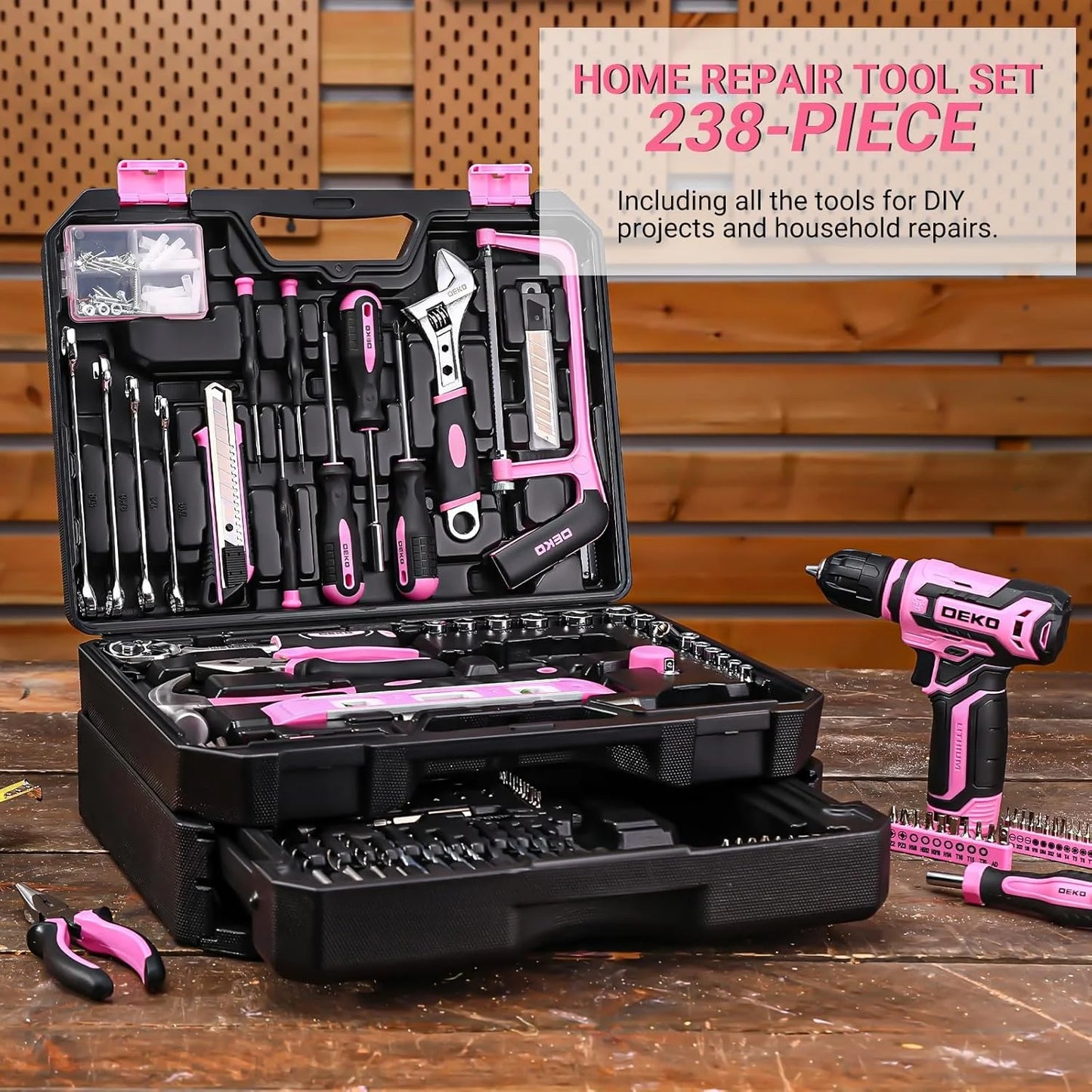 DEKO 12V Cordless Drill and Home Mechanic Toolbox Set with Organizer