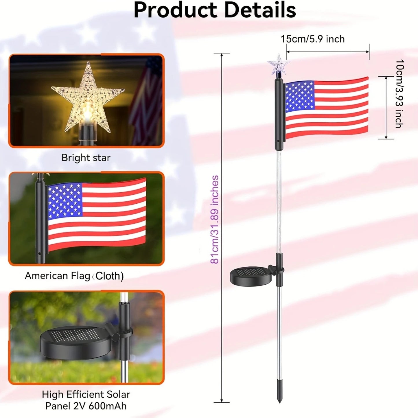 YIMIA USA Flag LED Solar Lights 8 Pack Garden Path