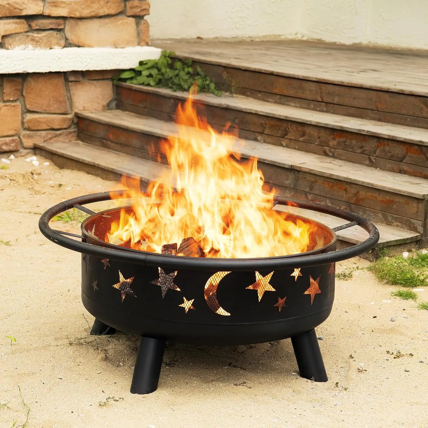Round Fire Pit With Mesh Cover Star Moon Design Customized