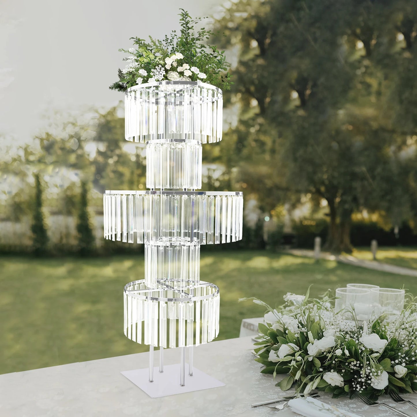 Five Tier Wedding Centerpiece Stand With Hanging Acrylic Vases