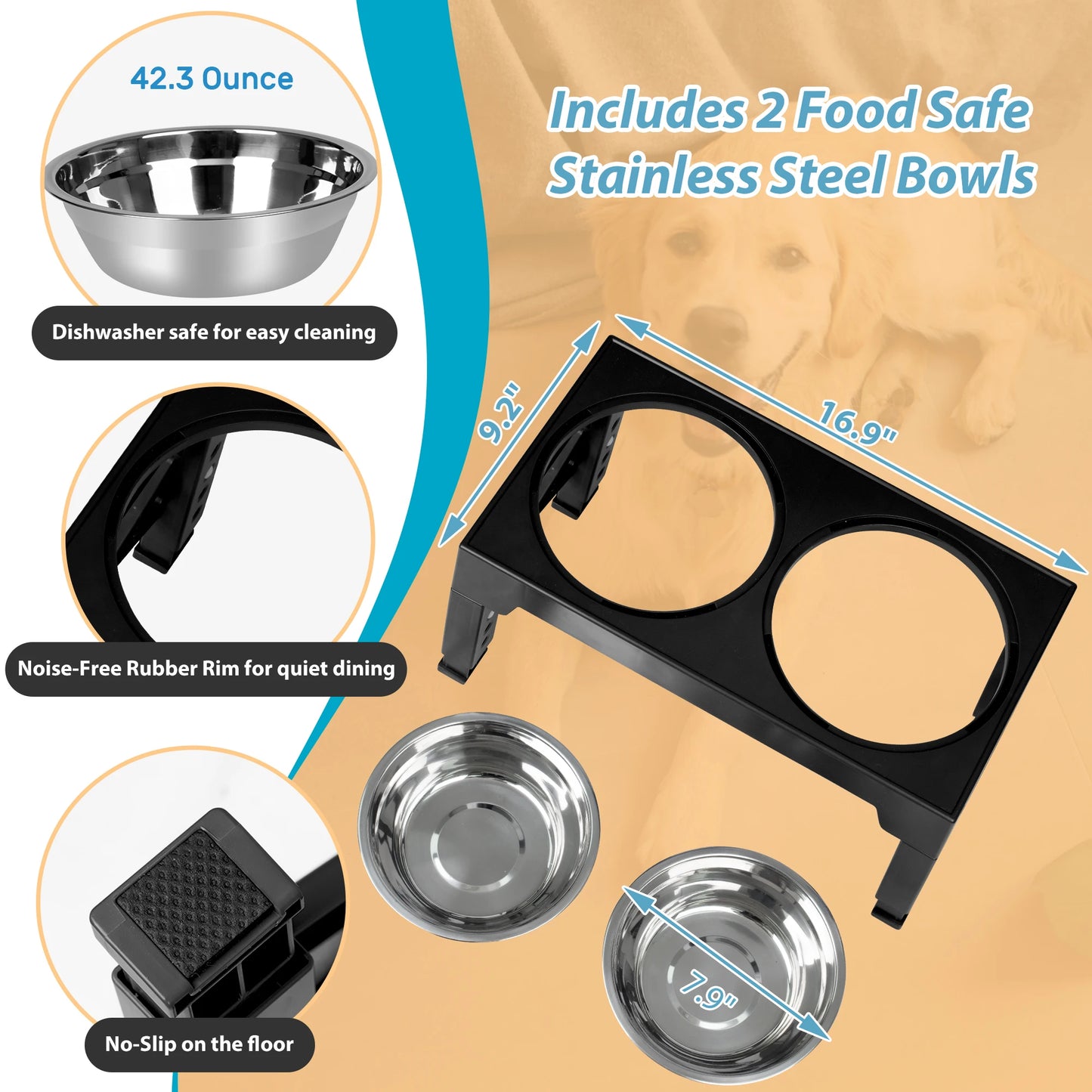 Elevated Dog Bowls With Two Stainless Steel Bowls And Stand
