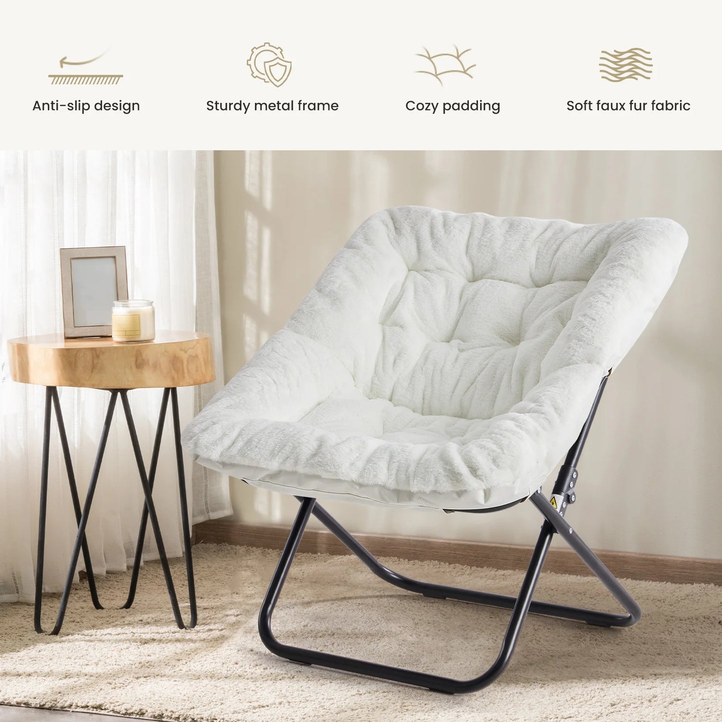 JHK Cozy Faux Fur Saucer Chair With Metal Frame Folding