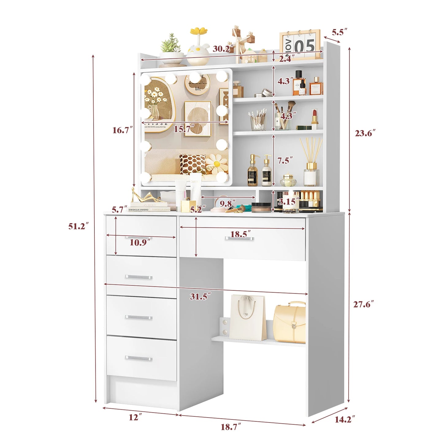 Teousev White Vanity Desk With LED Mirror And 5 Drawers