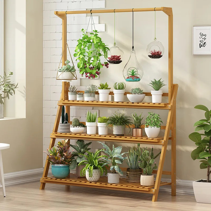 Folding Bamboo Plant Stand 3 Tier Indoor Outdoor Pot Shelf