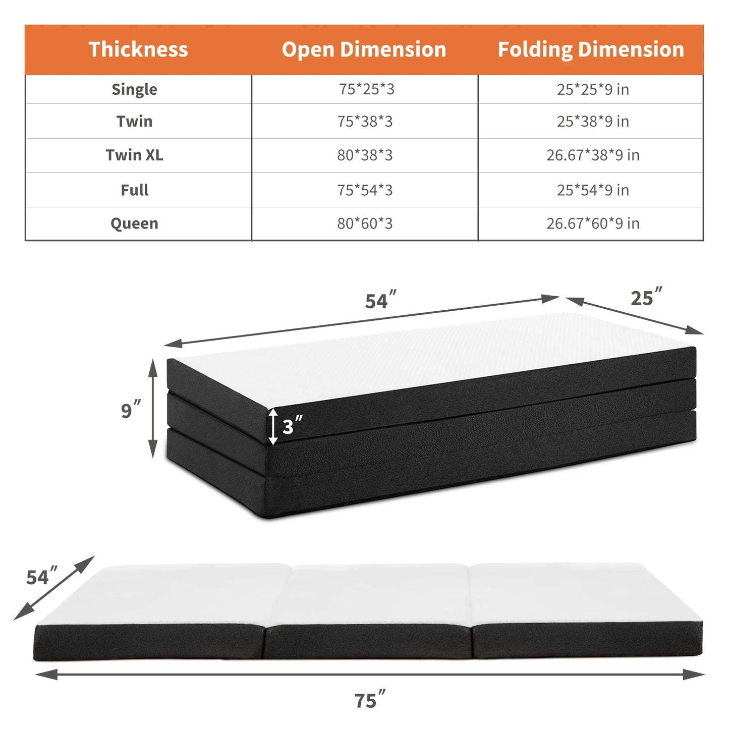 JHK Tri-Fold Memory Foam Travel Mattress With Collapsible Washable Cover