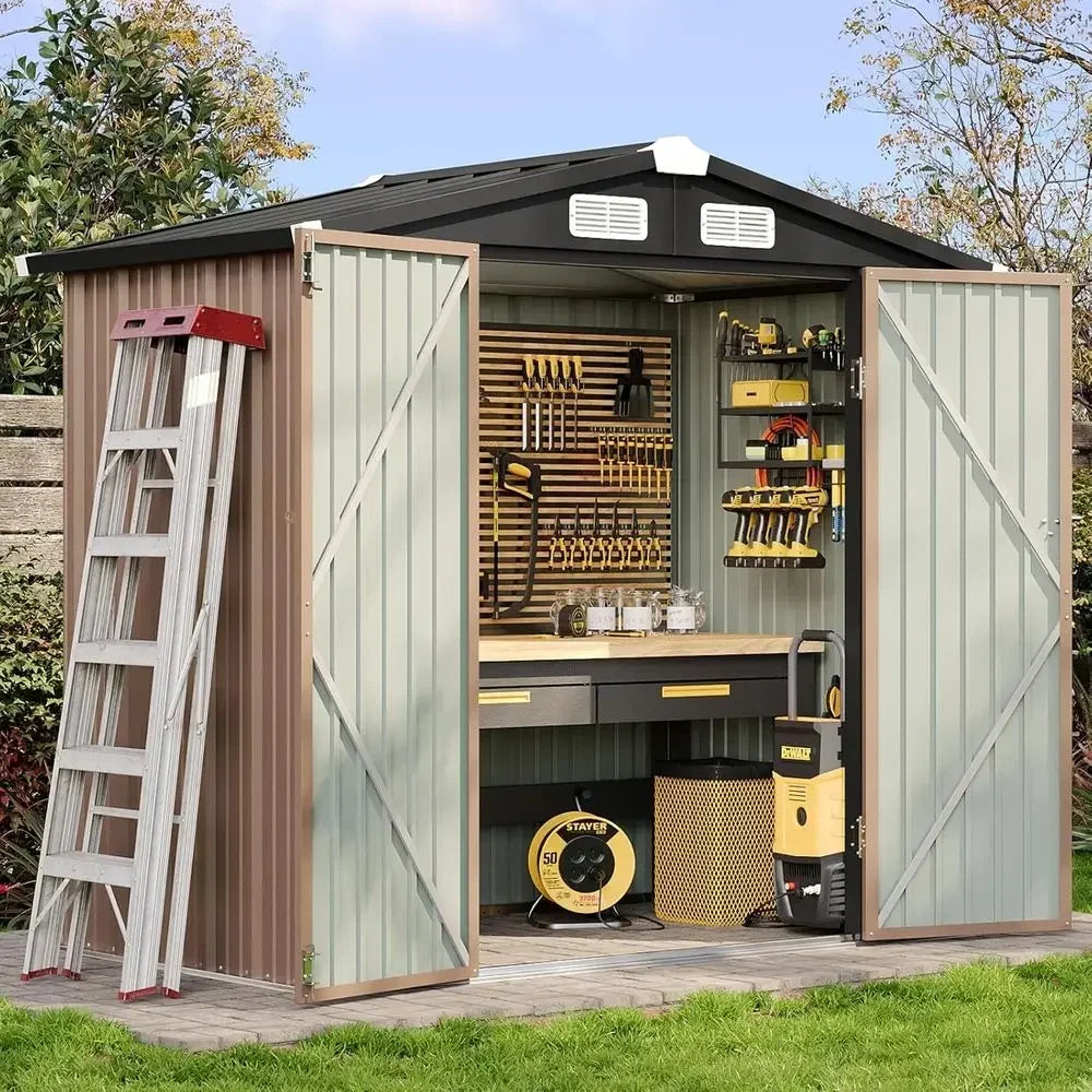 Metal Outdoor Storage Shed With Lockable Door And Sloping Roof